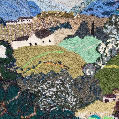 Hooked rug details of landscape scene by Graham Hollick.