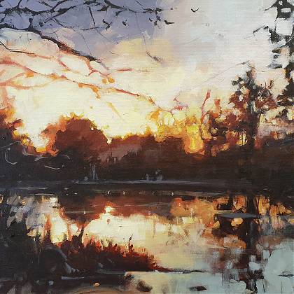 Art Work by artist and tutor Jenny Aitken. Sunset over river and forest.
