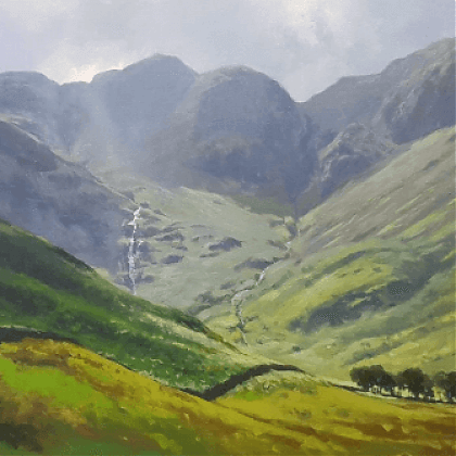 Art Work by artist and tutor Jenny Aitken. Landscape painting of valley with mountains in background.