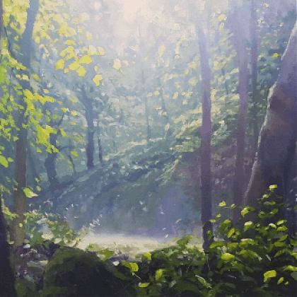 Art Work by artist and tutor Jenny Aitken. Woods and trees with sunlight showing light and atmosphere.