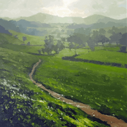 Artwork by artist and tutor Jenny Aitken. Fields and hillside in green acrylic tones .