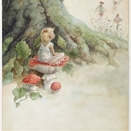 Fia on a Mushroom, by illustrator Lauren A. Mills, Tutor at Atelier Clos Mirabel, France.