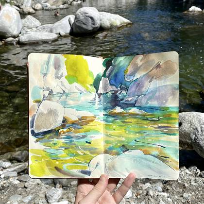 River by artist Jenny Adams, Tutor at Atelier Clos Mirabel, France.